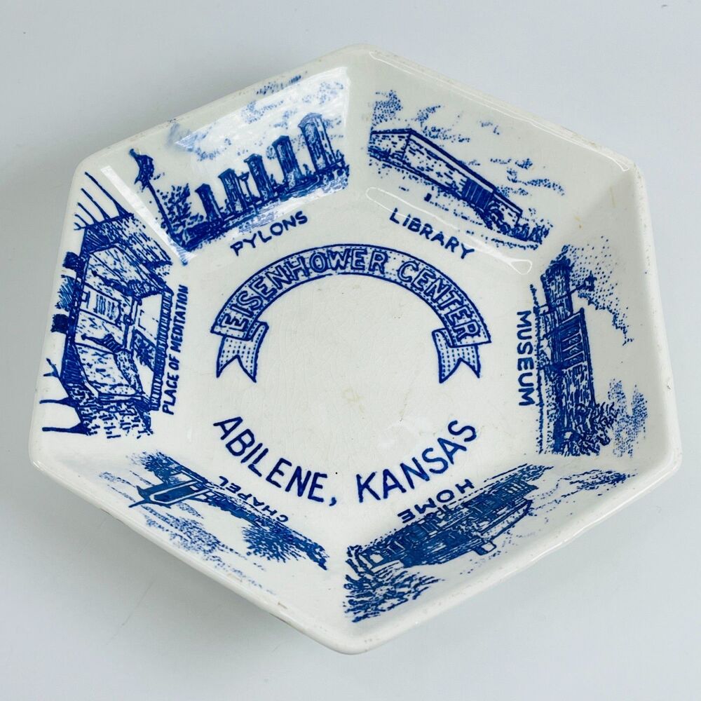 VTG Abilene Kansas Souvenir Trinket Dish Candy Bowl Blue White Eisenhower Center